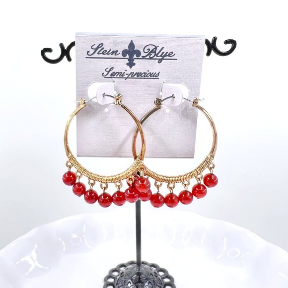 NWT - Stein Blye - Orange Semi-Precious Beaded Gold Tone Hinged Hoop Earrings - Picture 2 of 6